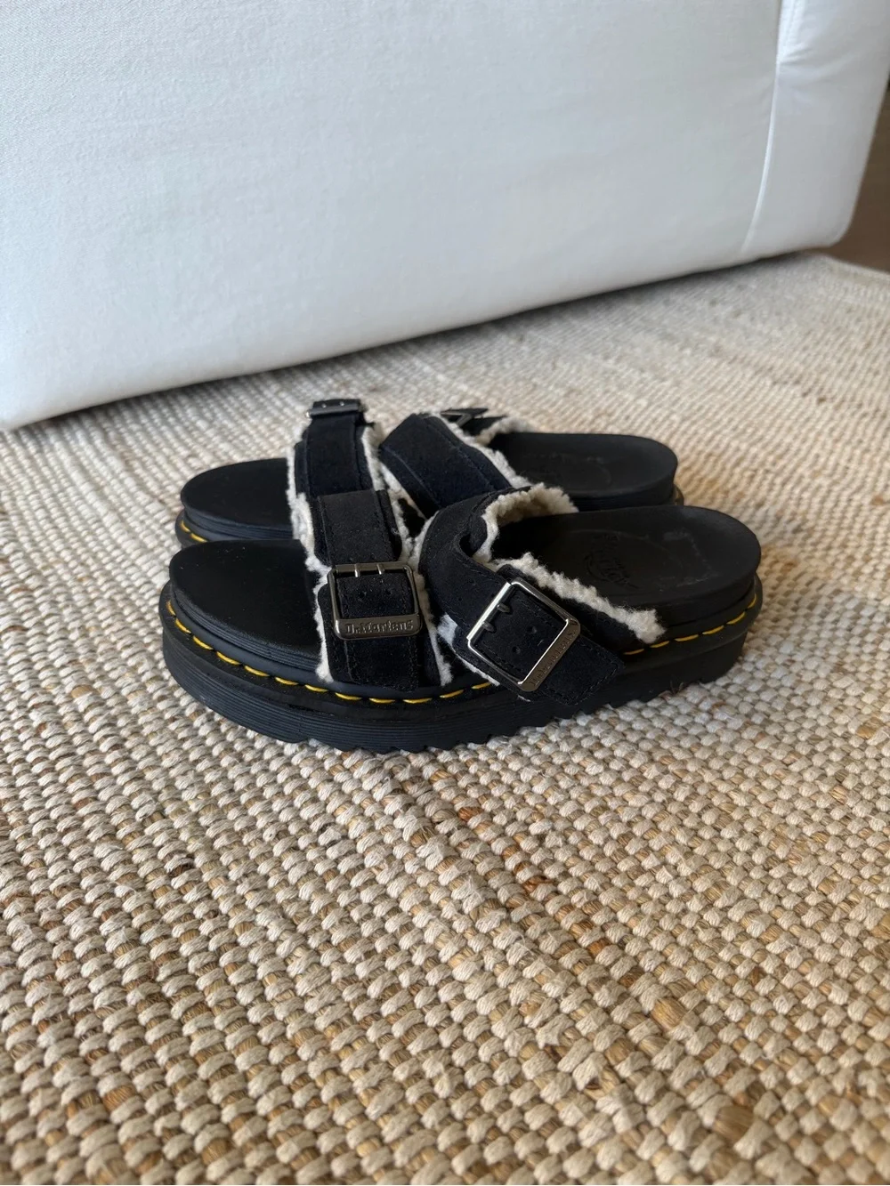 Dr. Martens Myles Suede Fur Lined Slide Sandals in Black